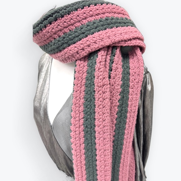 Auth Gucci X Long Thick Knit Pink Green Striped Muffler Stole Scarf - Picture 6 of 16